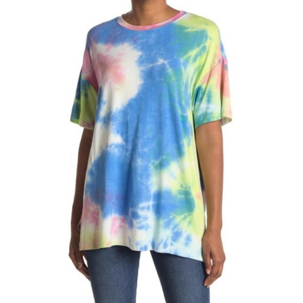 Lush Women"s Crew Neck Side Slits Short Sleeve Tie Dye Print Tee,‎ Size S, NWT